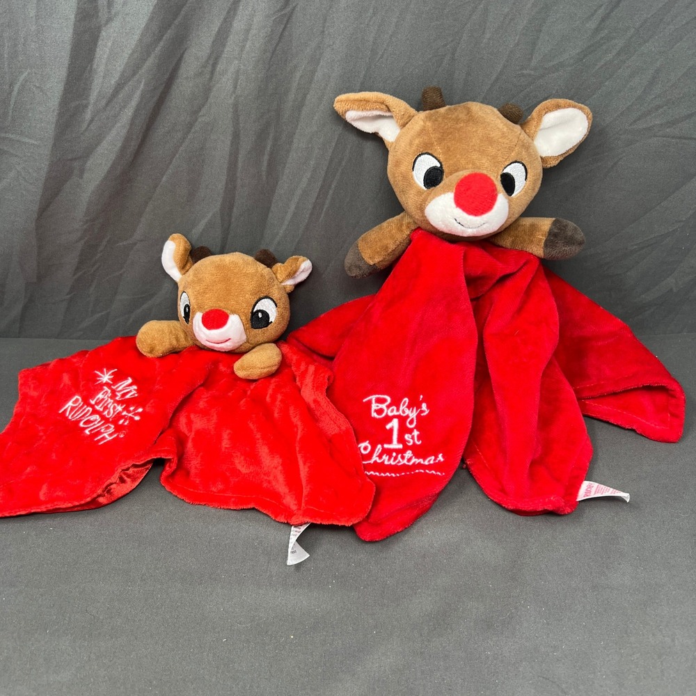Rudolph Reindeer Baby Lovey Security Blanket Lot 2pc Red My First Christmas